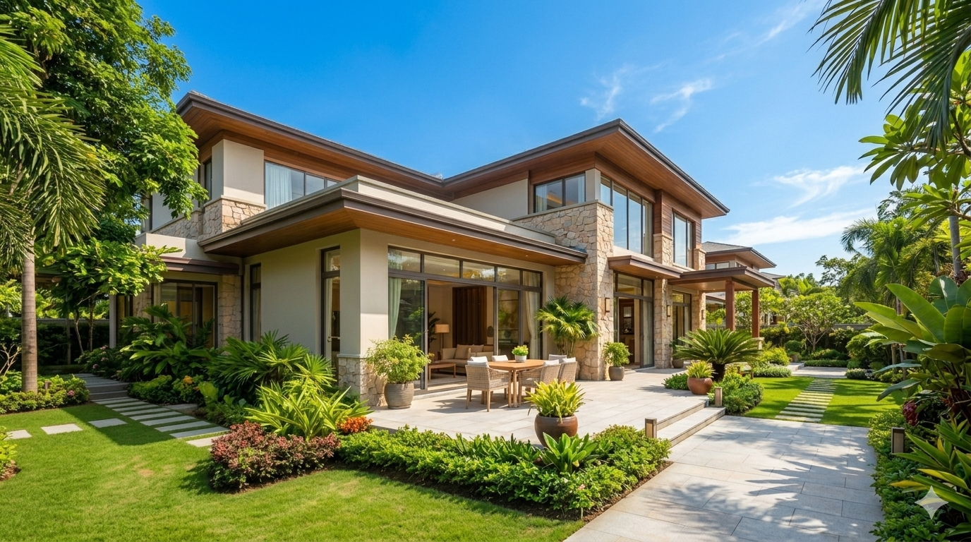 Luxury home exterior with landscaped garden